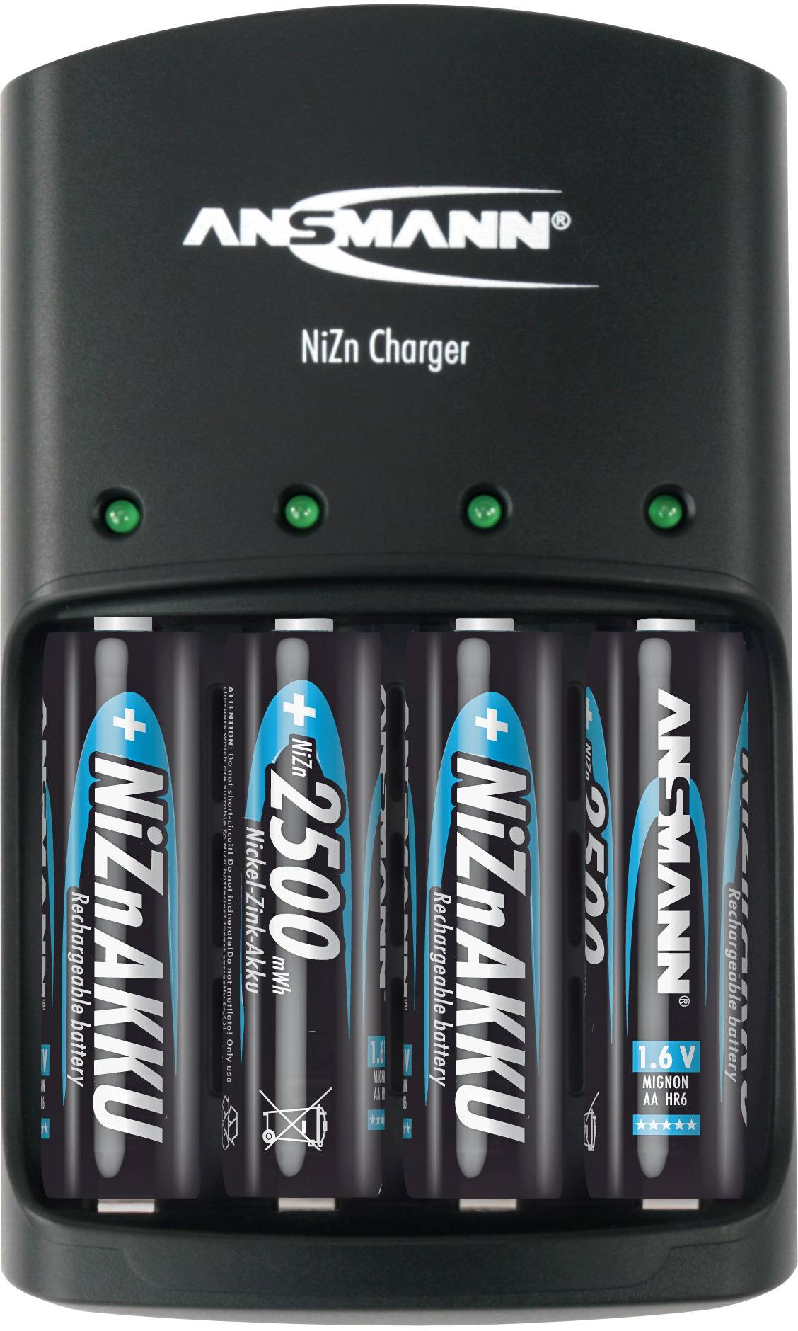 Caricabatterie nero di Ansmann con cinque batterie NiZn inserite. In alto sono visibili degli indicatori LED verdi.