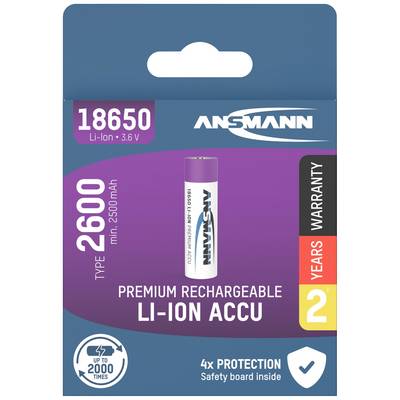 Confezione di una batteria ricaricabile agli ioni di litio Ansmann. Tipo 18650, 2600 mAh, con 2 anni di garanzia e protezione quadrupla.