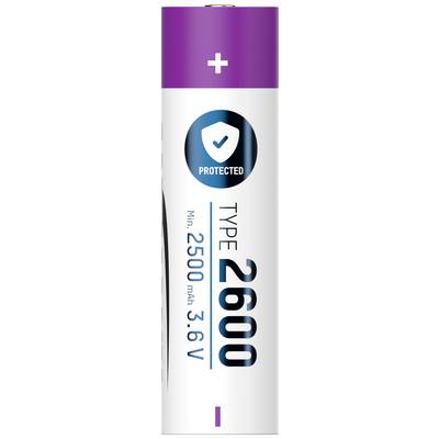 Una batteria cilindrica con la scritta 'TYPE 2600', capacità '2500 mAh', tensione '3.6V'. Parte superiore viola con simbolo '+'.