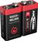 'Vedrete due batterie da 9 volt Ansmann, specifiche per rilevatori di fumo, con stampa rossa e simboli delle batterie.'