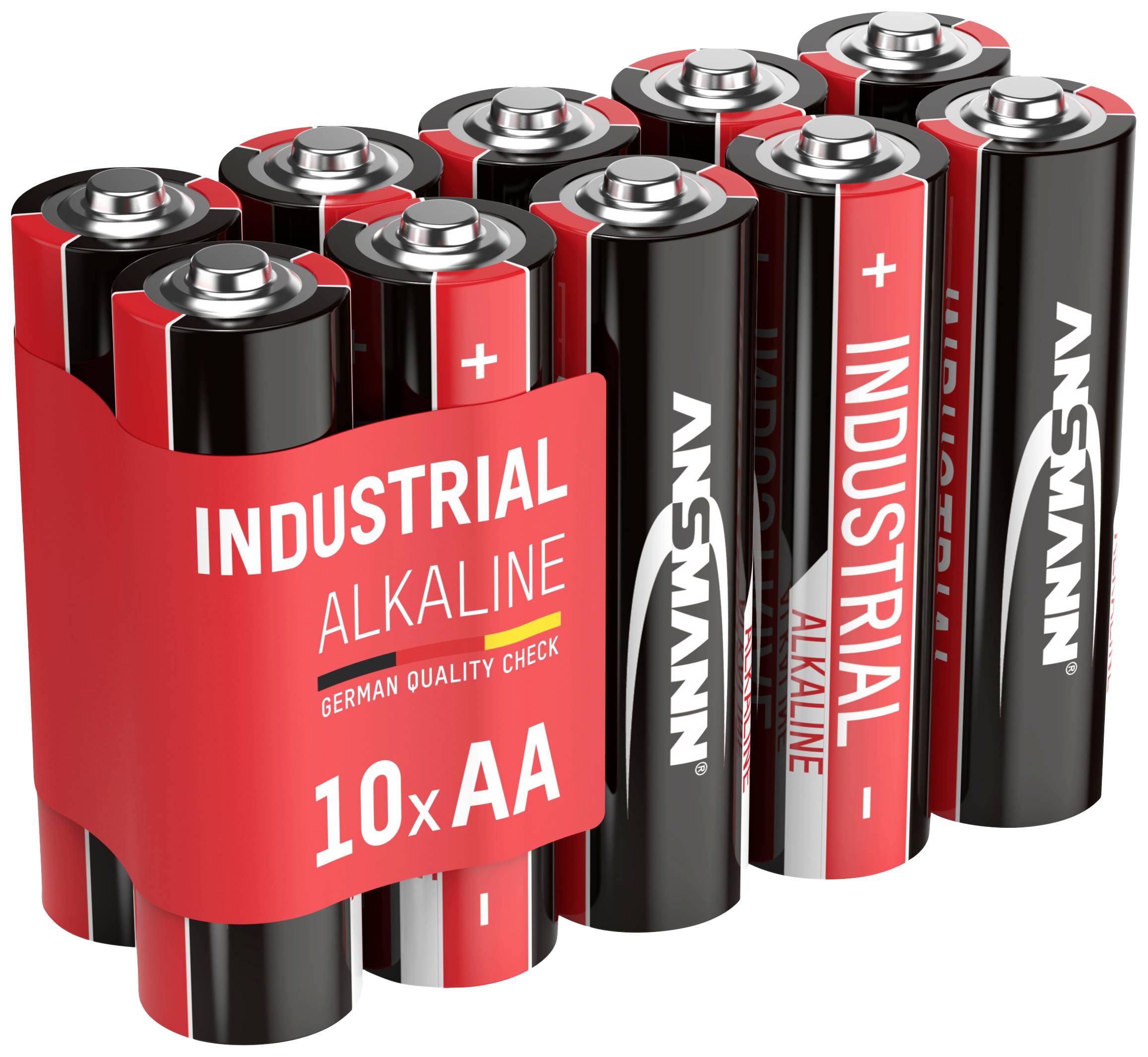'Confezione di batterie Ansmann con 10 batterie alcaline industriali AA, design rosso e nero, adatte per un'alimentazione energetica duratura.'