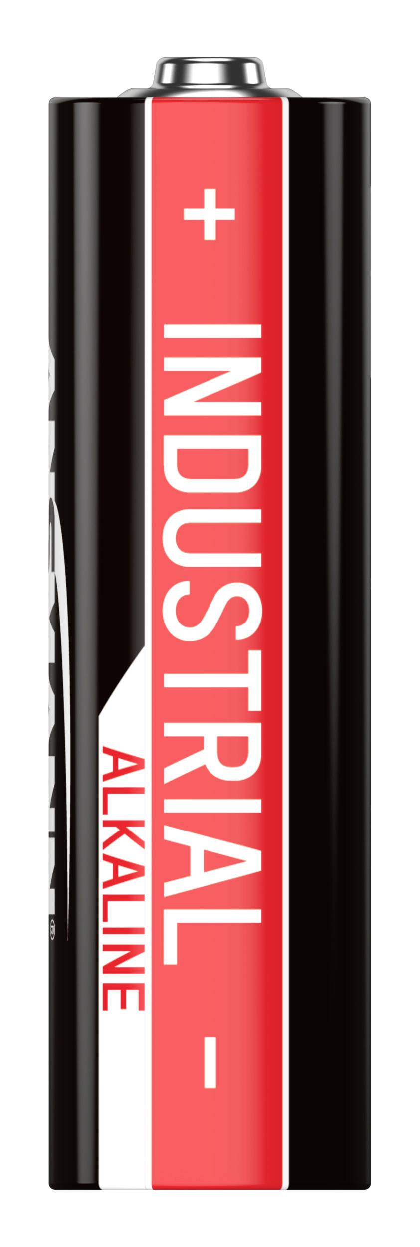 Batterie alcaline in nero e rosso con scritta 'Industrial Alkaline'. I poli positivo e negativo sono contrassegnati.