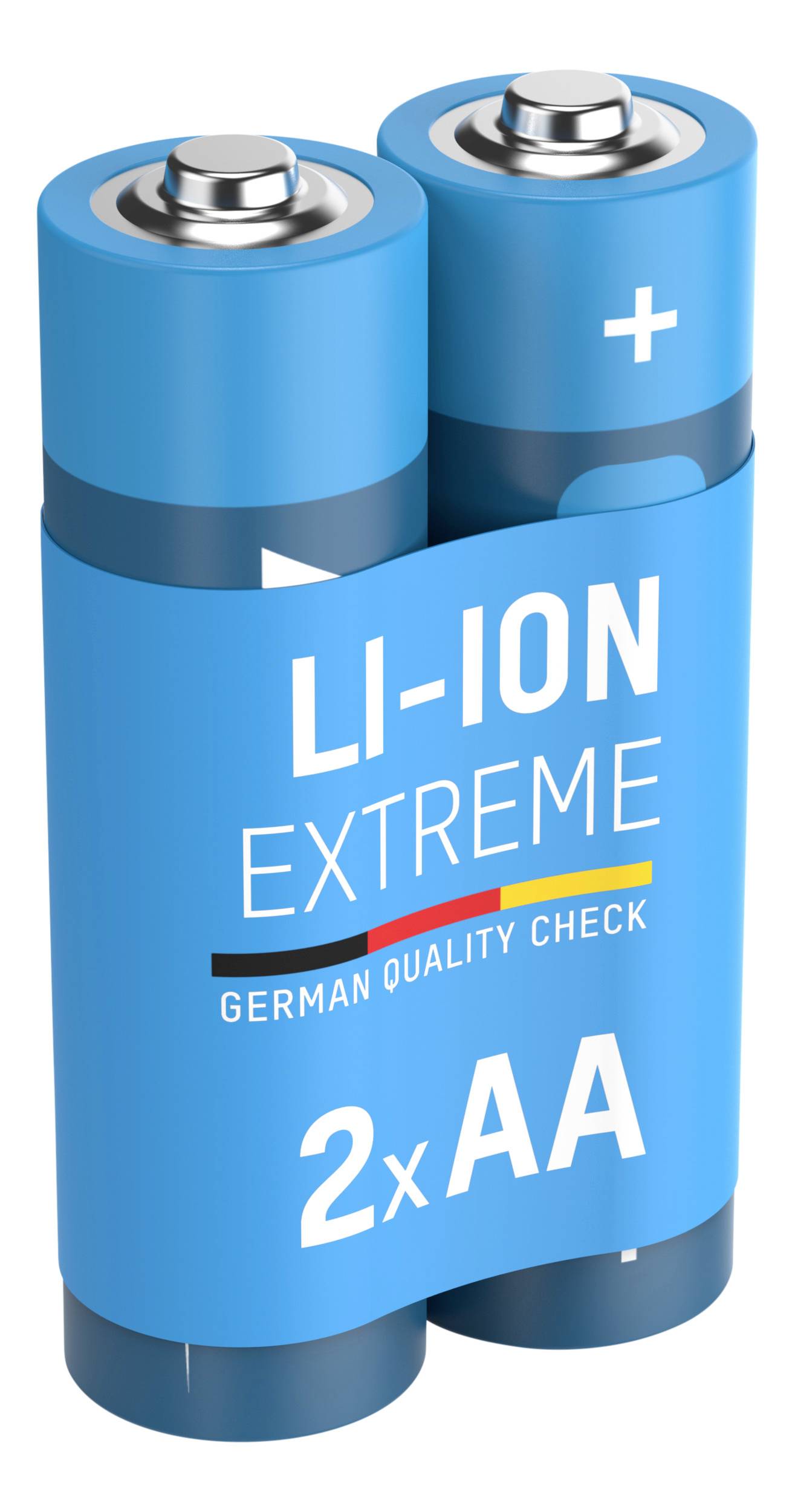 Due batterie AA blu con la scritta 'LI-ION EXTREME' e 'German Quality Check'.