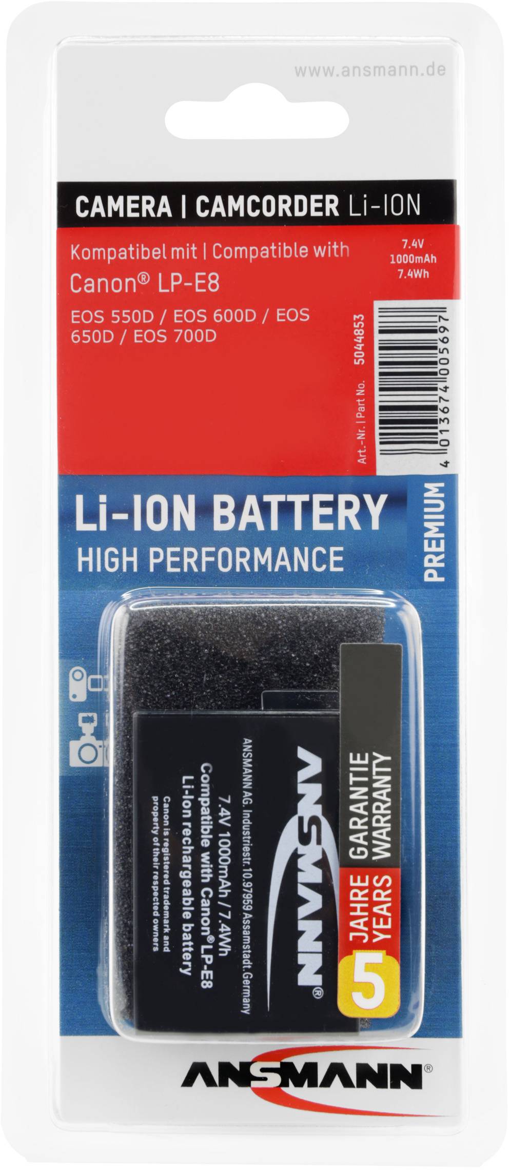'Batteria su scheda: Fotocamera/Videocamera Li-Ion, compatibile con Canon LP-E8. Dati di tensione: 7,4V, 1.025mAh, 7,6Wh. Produttore: Ansmann. 5 anni di garanzia.'
