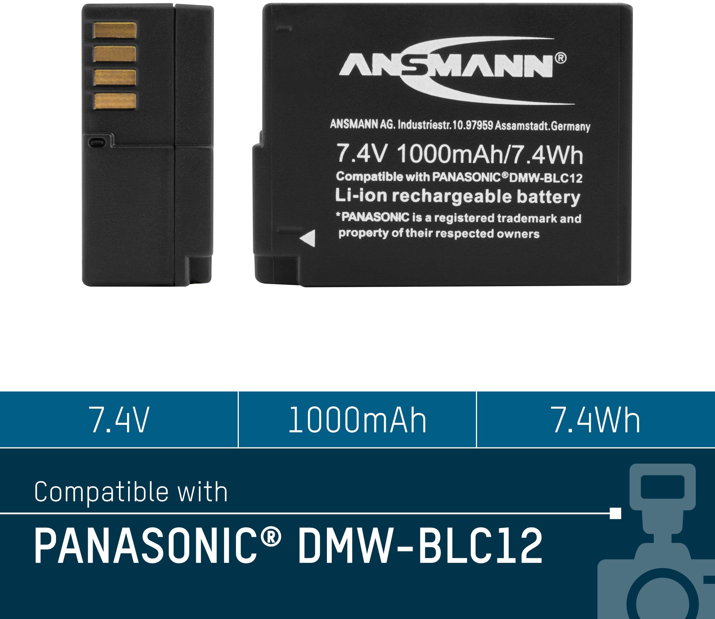'Batteria agli ioni di litio nera, 7,4V, 1000mAh. Compatibile con Panasonic DMW-BLC12. Dettagli del produttore sono visibili.'