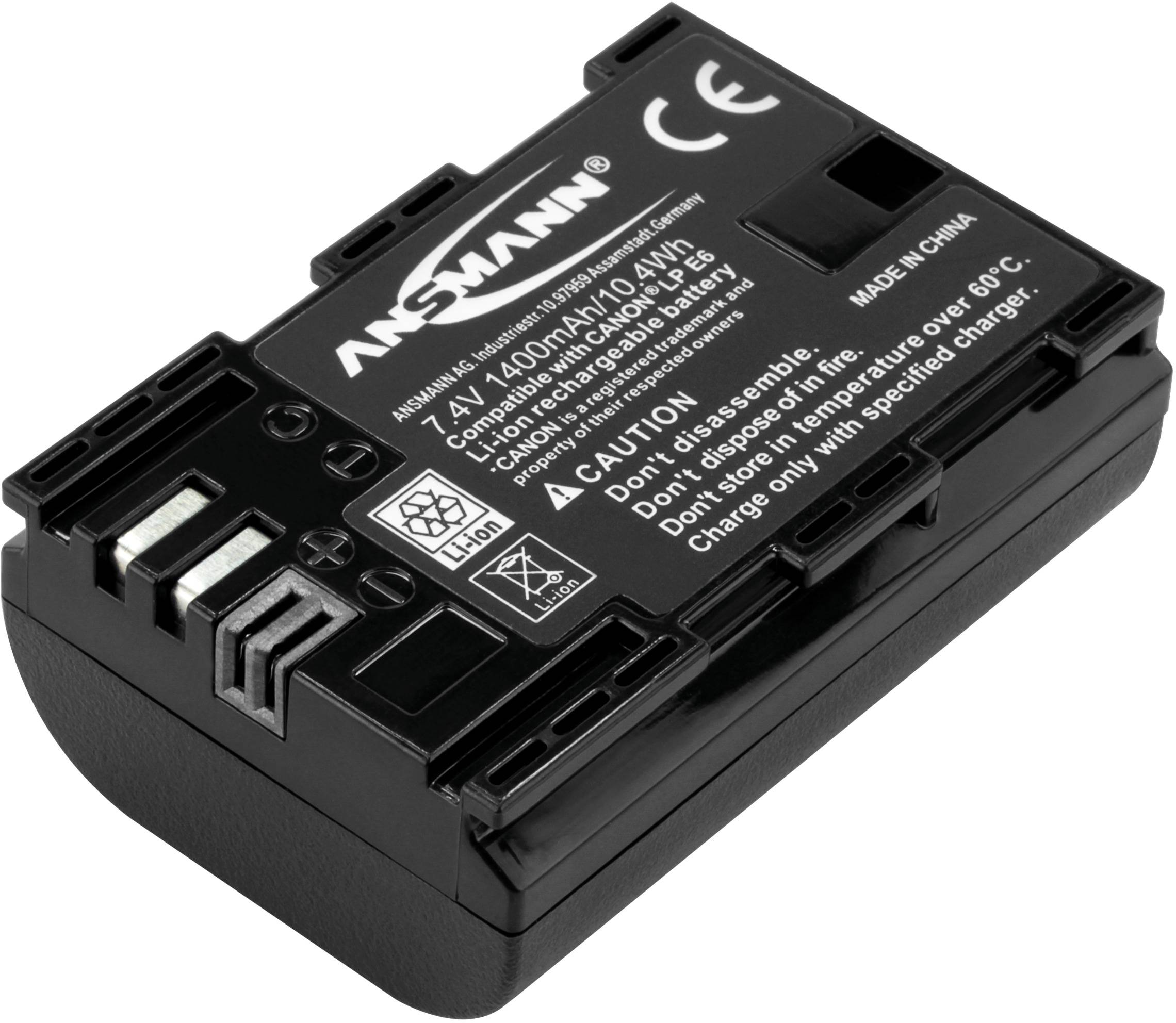 Batteria agli ioni di litio 7,4V e 4400mAh di Ansmann, adatta per fotocamere Canon. Avvertenze: non smontare, non caricare a temperature superiori a 60°C.