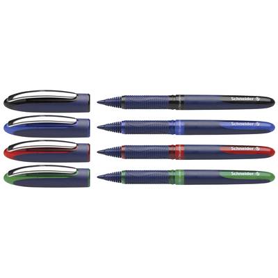 Tre penne con involucri blu e impugnature di colori diversi - nero, rosso e verde - sono disposte una accanto all'altra; tutte recano il marchio 'Schneider'.