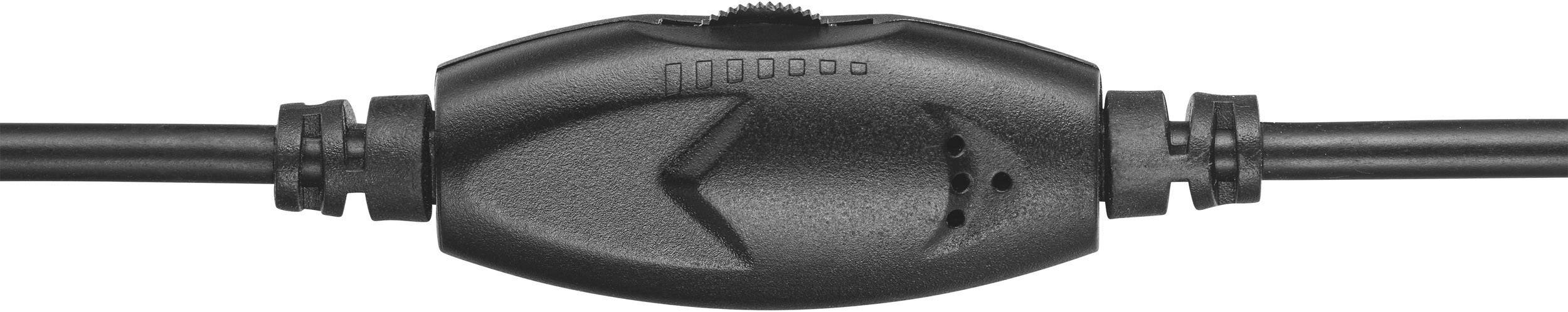 Un regolatore di volume inline nero, posizionato al centro, con una manopola di regolazione e due cavi che si diramano verso sinistra e destra.