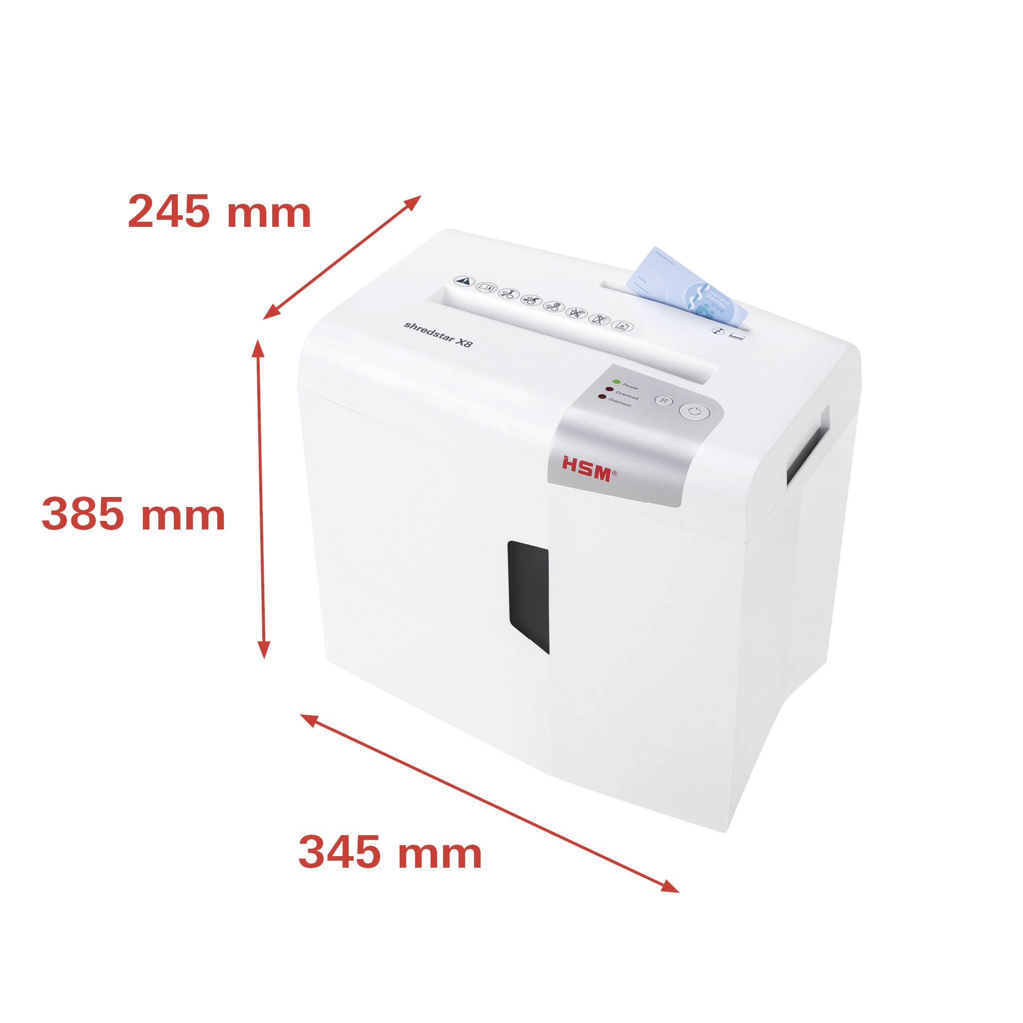 Un distrugitore di documenti bianco con carta, su cui sono evidenziate le dimensioni di 245 mm di altezza, 385 mm di lunghezza e 345 mm di larghezza.