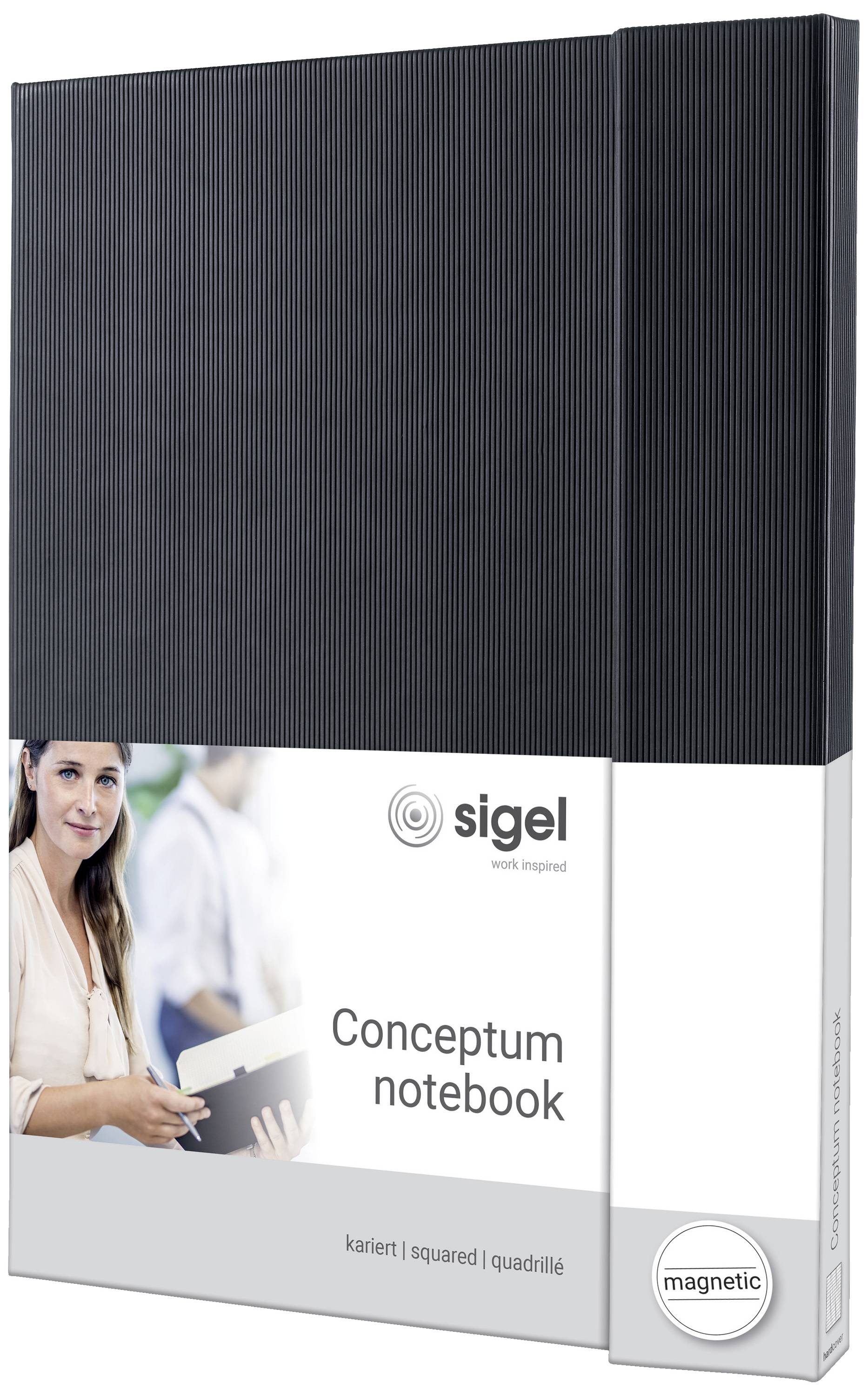 Un taccuino nero 'Conceptum' di sigel con carta a quadretti. La confezione mostra una donna che tiene in mano un taccuino.