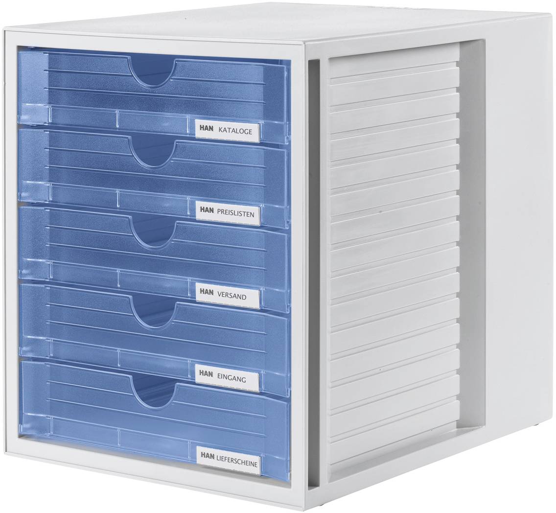 Organizzatore blu con cinque cassetti etichettati: 'Cataloghi', 'Testi stampa', 'Spedizione', 'Ingresso', 'Bollettini di consegna'.