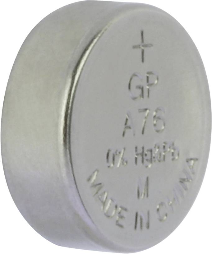 Batteria a bottone d'argento con la scritta '+ GP A76 0% Hg&Pb Fabbricata in Cina'.