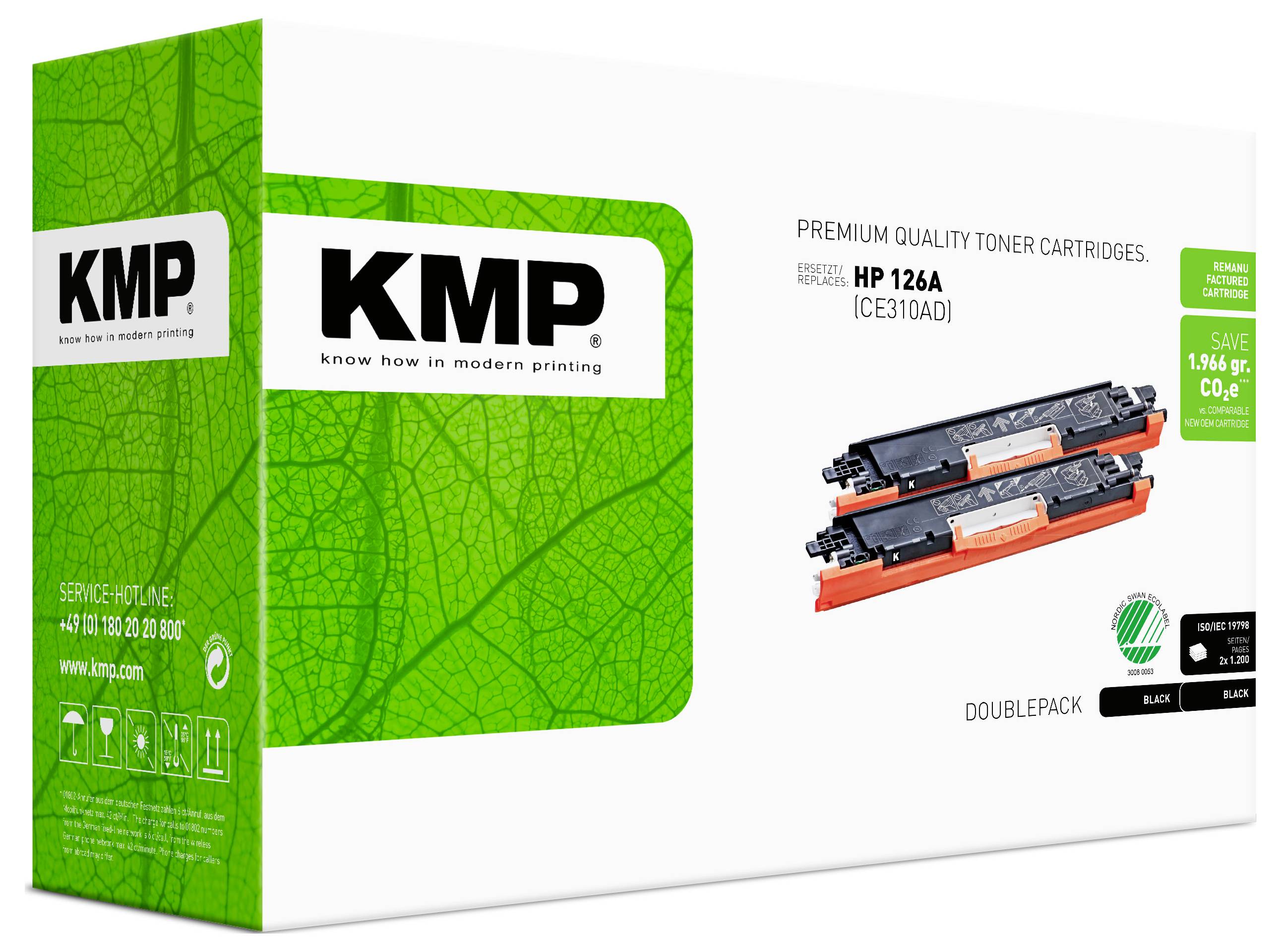 Imballaggio cartuccia toner di qualità premium KMP per HP 126A (CE310AD), che mostra due cartucce toner nere e un'etichetta di prezzo verde "risparmia".