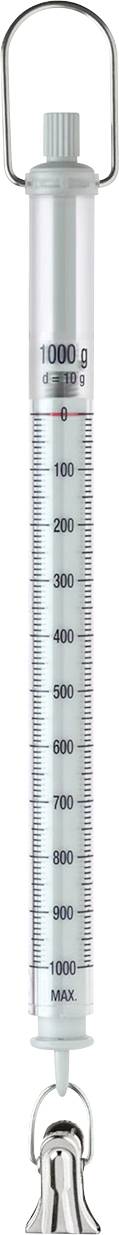 Bilancia a molla con scala da 1000 g e gancio, utilizzata per misurare peso o forza. La scala mostra incrementi di 100 g da 0 a 1000 g.