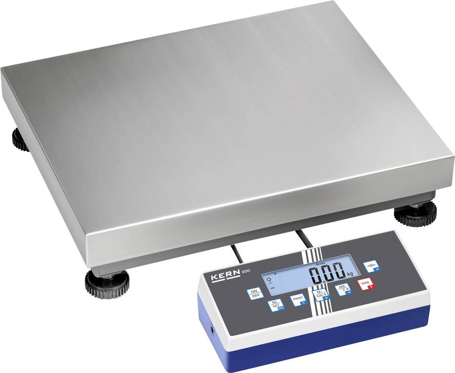 Bilancia elettronica con display digitale, che mostra '0.00 kg'. Piattaforma in acciaio inossidabile e pannello di controllo blu con tasti per diverse funzioni.