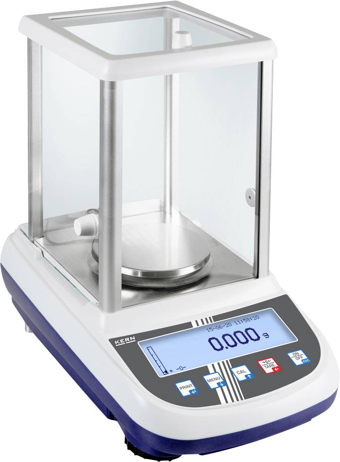 Bilancia di precisione con custodia trasparente in vetro e display digitale, che mostra '0.000 g'. Utilizzata per pesate precise in laboratorio.