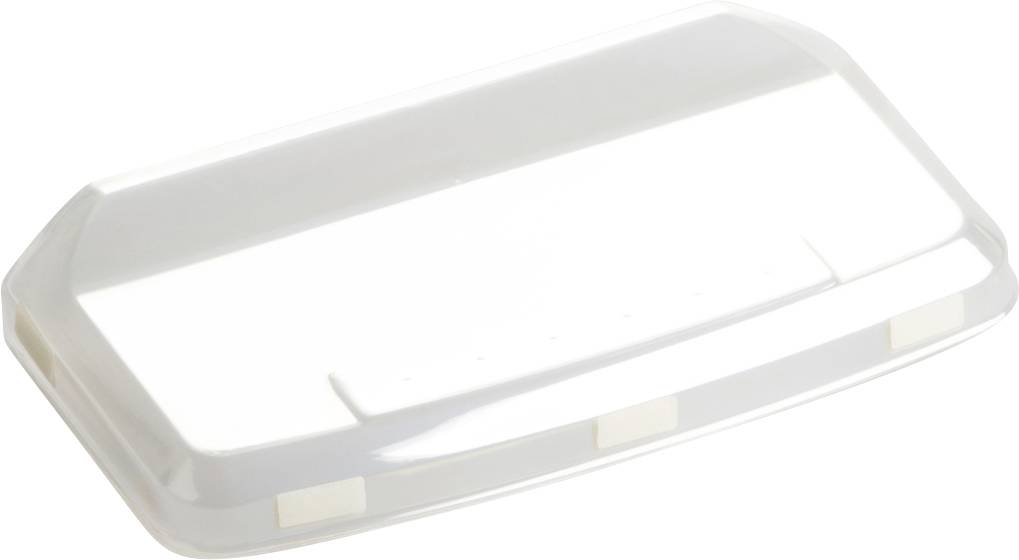 Un coperchio di plastica bianco rettangolare, leggermente bombato, con superficie liscia e bordi arrotondati, su sfondo neutro.