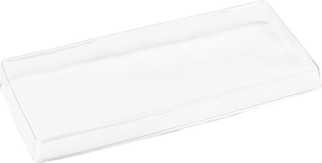 Contenitore piatto e trasparente in plastica, di forma rettangolare e chiara, adatto per la presentazione o la conservazione di piccoli oggetti.