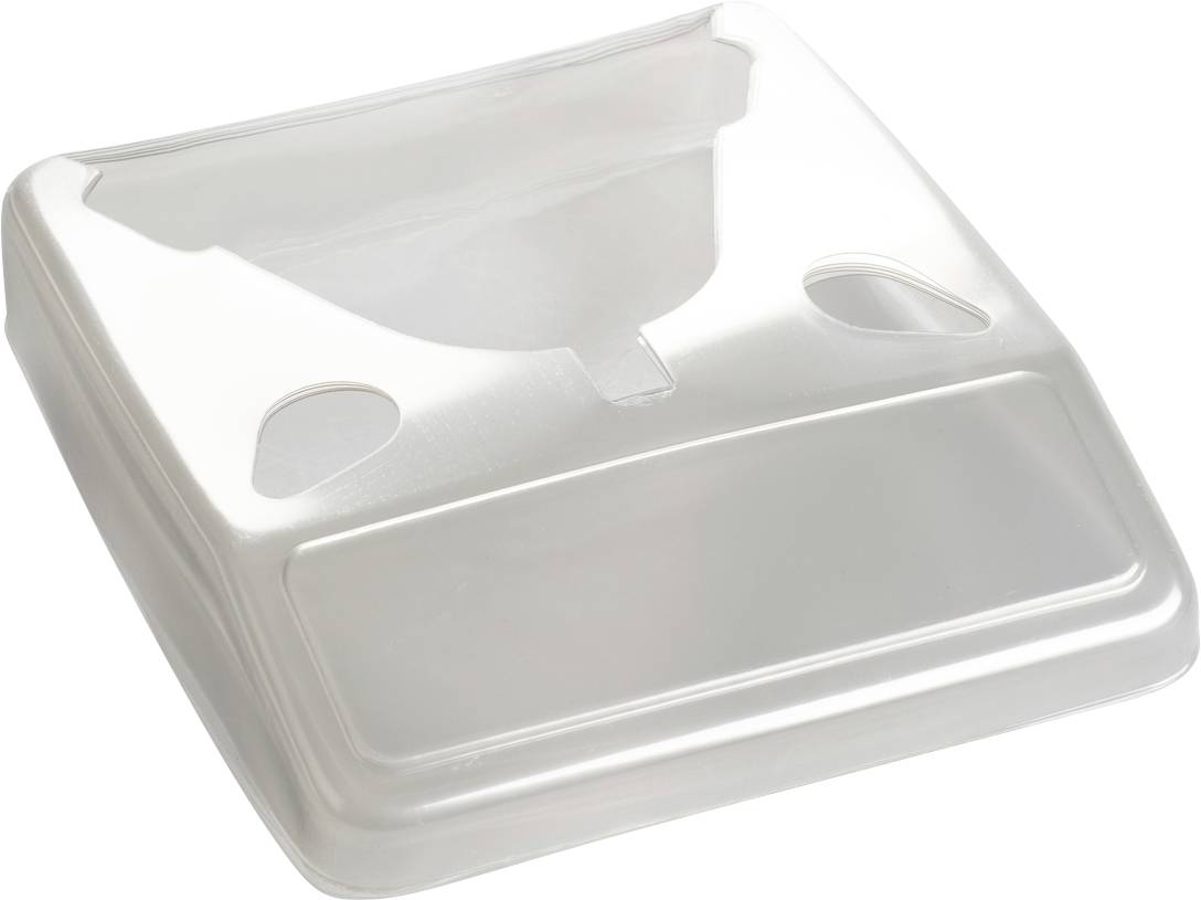 Un coperchio trasparente in plastica, rettangolare con angoli arrotondati e due aperture ovali.