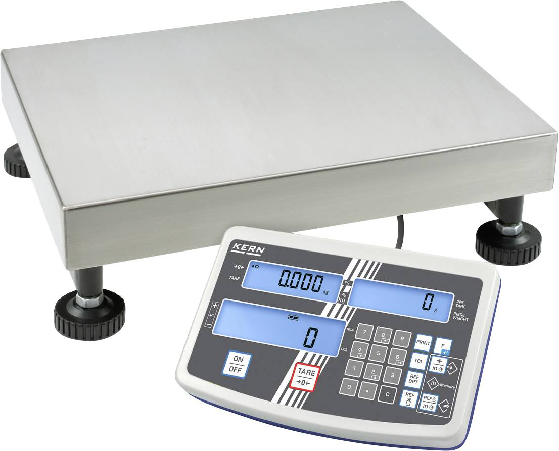 Bilancia industriale con display digitale. Attualmente mostra '0'. Piattaforma in acciaio inossidabile con piedini regolabili.