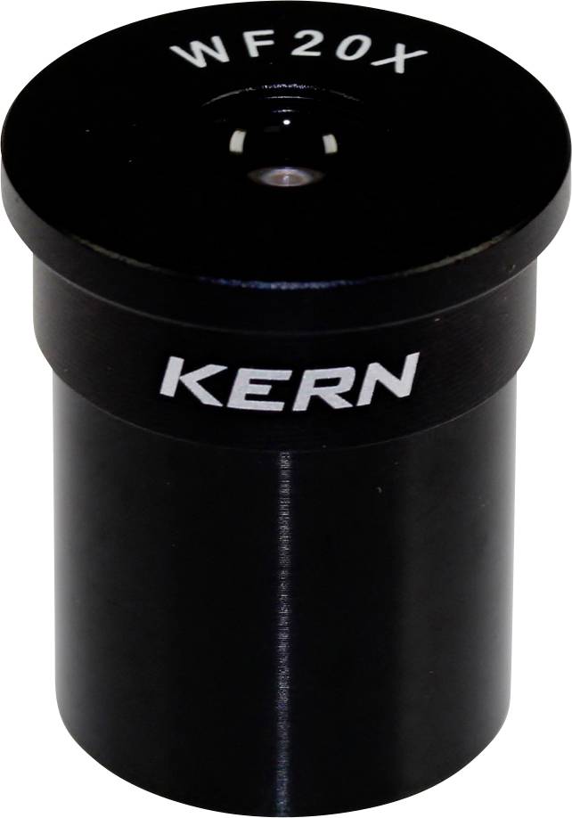 Oculare nero per microscopio con la scritta 'WF20X KERN', forma cilindrica, principalmente utilizzato per osservazioni scientifiche.