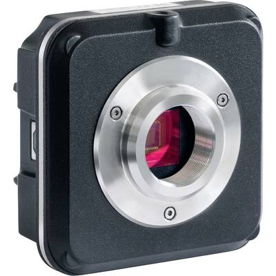 Telecamera industriale nera con montatura argentata e sensore visibile al centro. Viene utilizzata per l'elaborazione delle immagini nell'automazione.