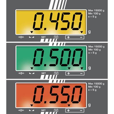 Tre display digitali di bilance mostrano rispettivamente: display superiore '0,450 g' in giallo, display centrale '0,500 g' in verde, display inferiore '0,550 g' in rosso.