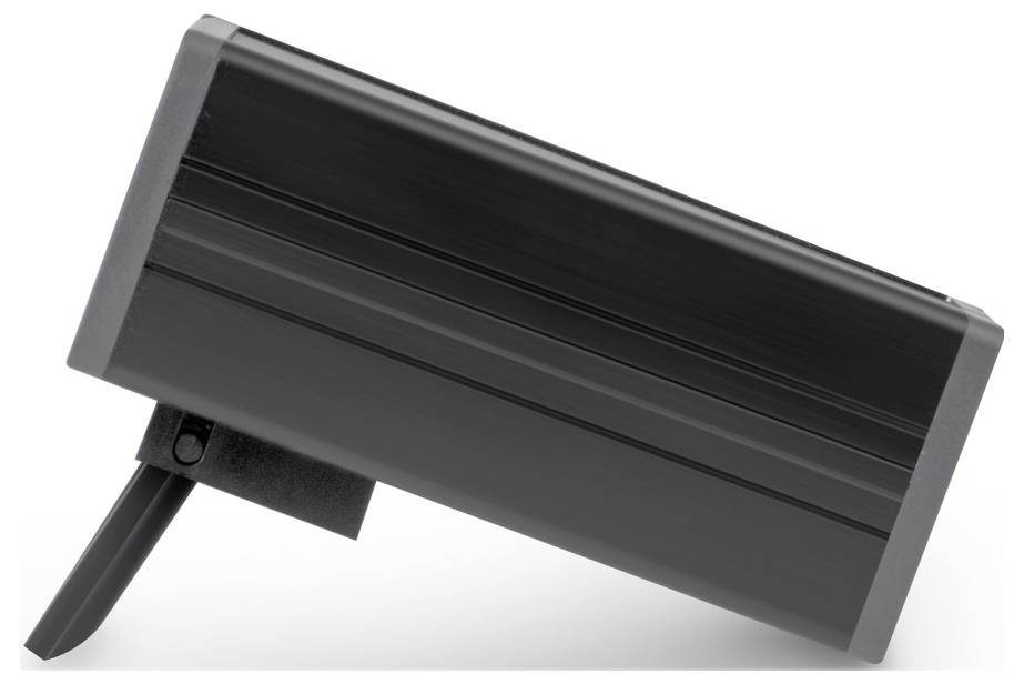 Un dispositivo nero e rettangolare con supporto, probabilmente un altoparlante o una telecamera, su sfondo bianco.