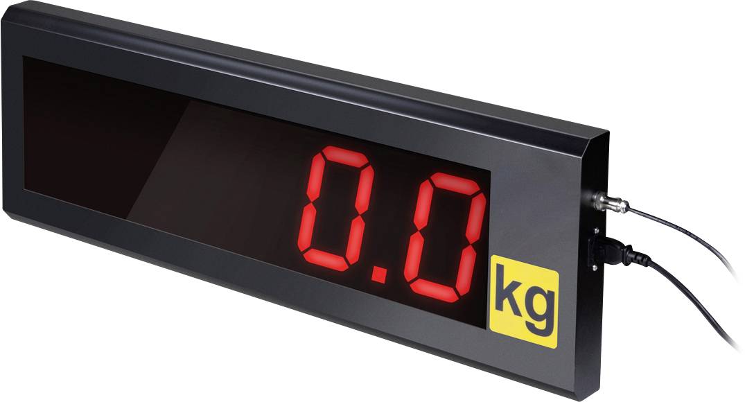 Display digitale mostra '0.0 kg'. Custodia nera con simbolo giallo 'kg' a destra. Utilizzato per misurazioni di peso.