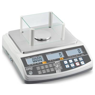 Bilancia digitale con protezione trasparente dal vento, che indica il peso in grammi. Comandi e display LED frontali. Marchio 'KERN'.