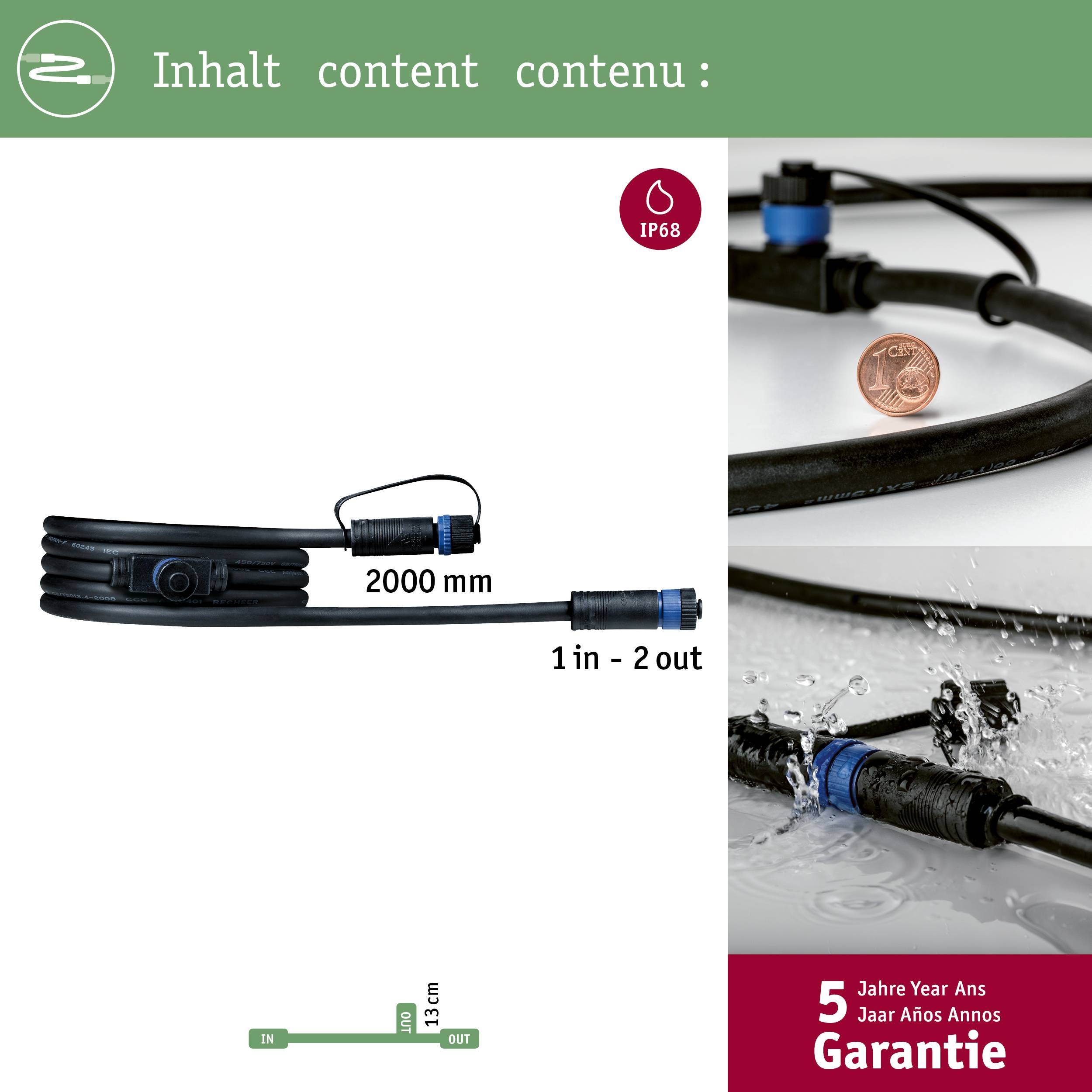 Cavo adattatore Y '2 in - 2 out' della lunghezza di 2 metri, inclusa protezione IP68. Vista dettagliata con confronto dimensionale con una moneta da centesimo. 5 anni di garanzia.