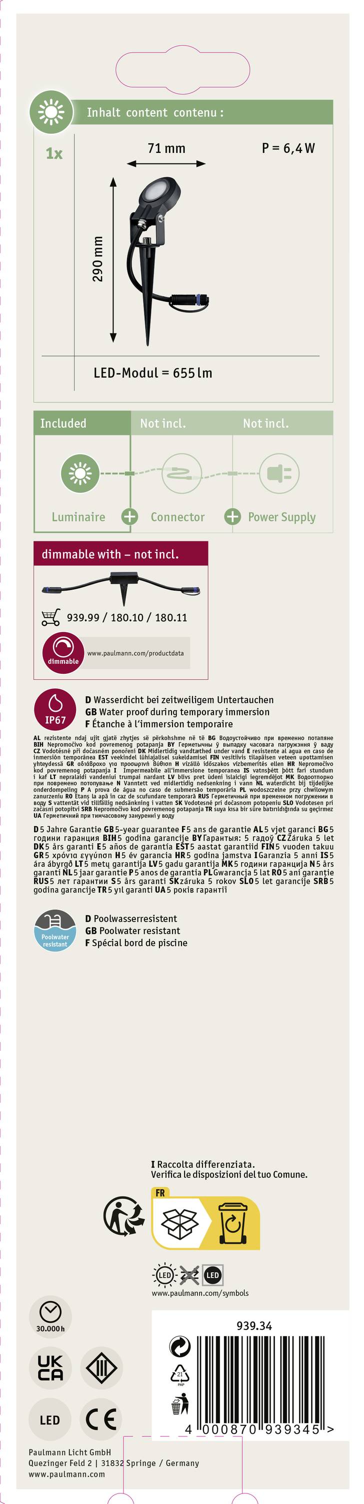 Imballaggio di un dispositivo di illuminazione a LED: mostra le dimensioni, la classe energetica 'F' e contiene istruzioni per lo smaltimento. Testo principale in tedesco.
