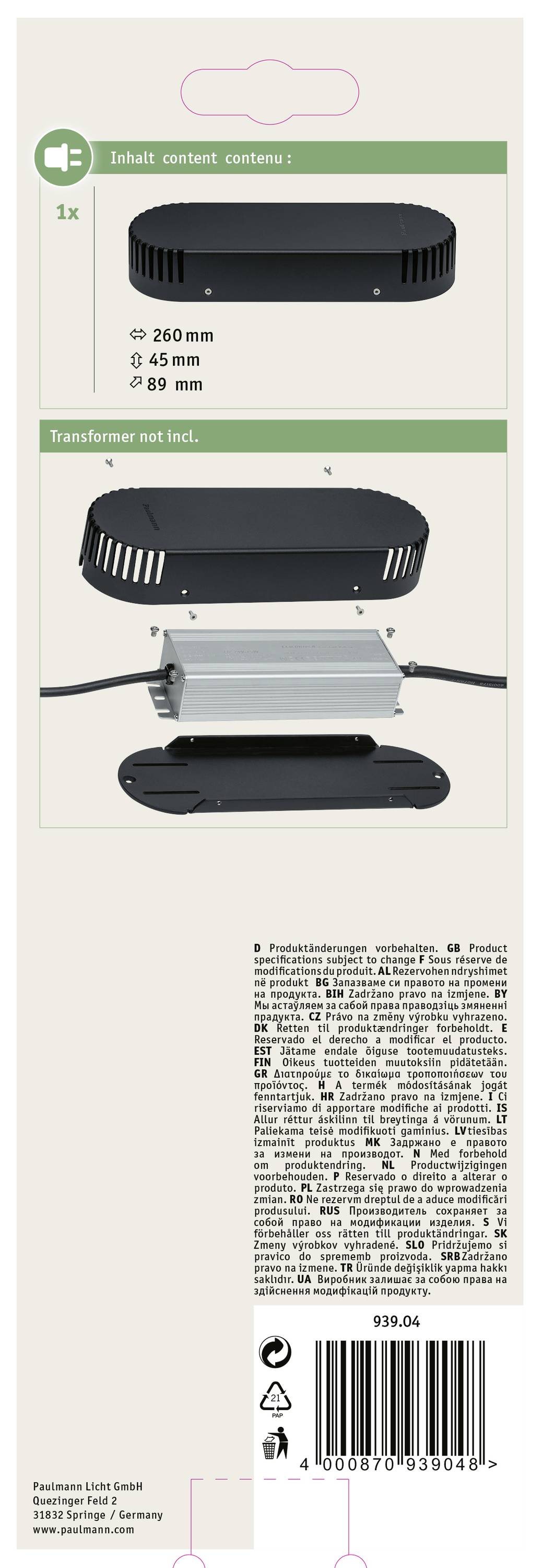 Retro della confezione di un prodotto lampada con immagini del corpo, dimensioni (260 mm x 45 mm x 89 mm) e l'indicazione 'Trasformatore non incluso'.
