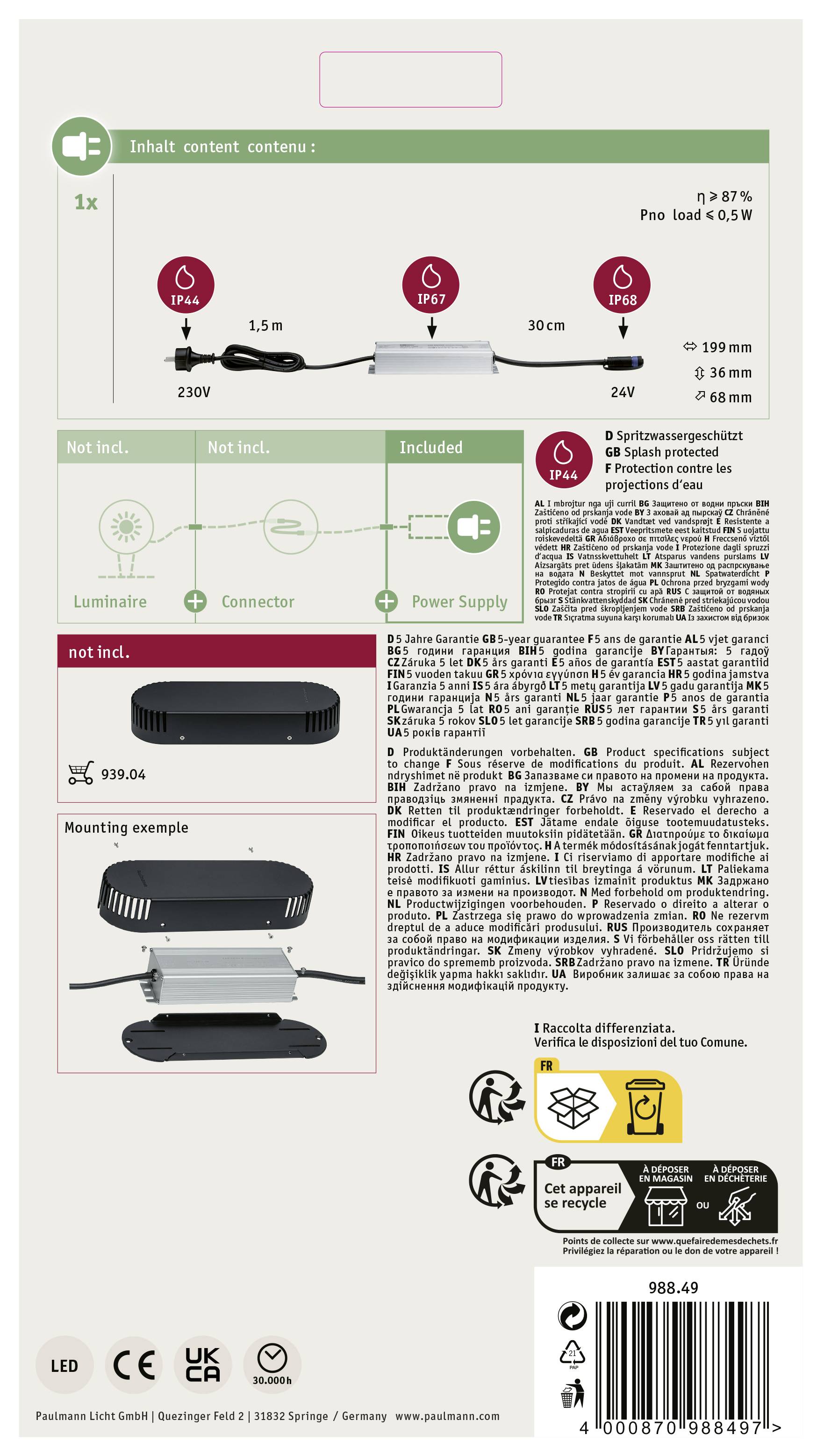 Retro di un'confezione di un prodotto con istruzioni per il montaggio e l'utilizzo. Contiene informazioni di sicurezza e specifiche tecniche del prodotto.