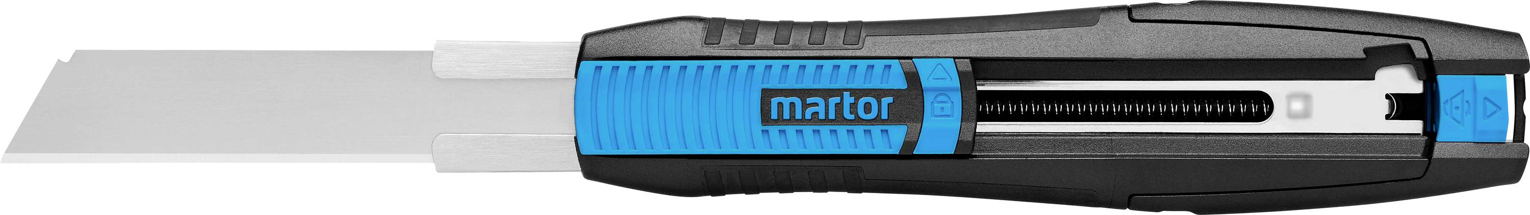 Un coltellino universale nero e blu con lama estratta. Il nome del marchio 'martor' è visibile sul manico.