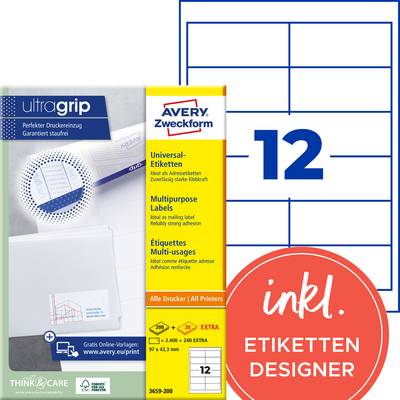 'Etichette universali Avery Zweckform per tutti i tipi di stampanti, tecnologia ultragrip per risultati di stampa perfetti, 12 etichette per foglio.'