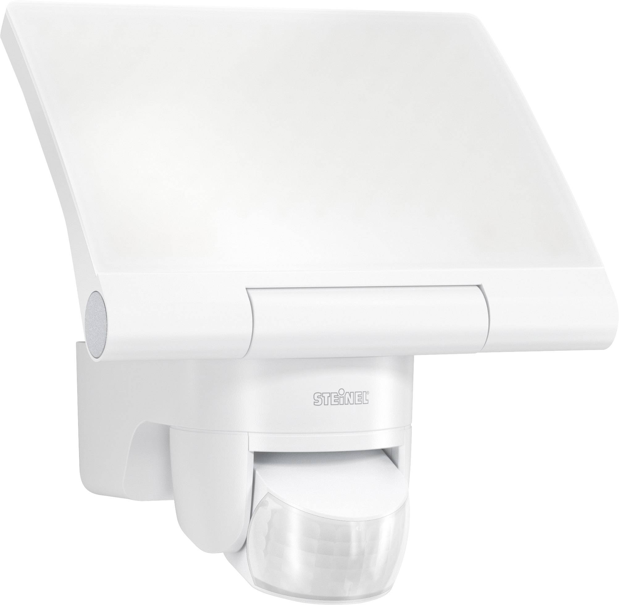 Una luce LED esterna bianca con sensore di movimento integrato, adatta al montaggio a parete all'esterno, offre illuminazione automatica al rilevamento di movimento.