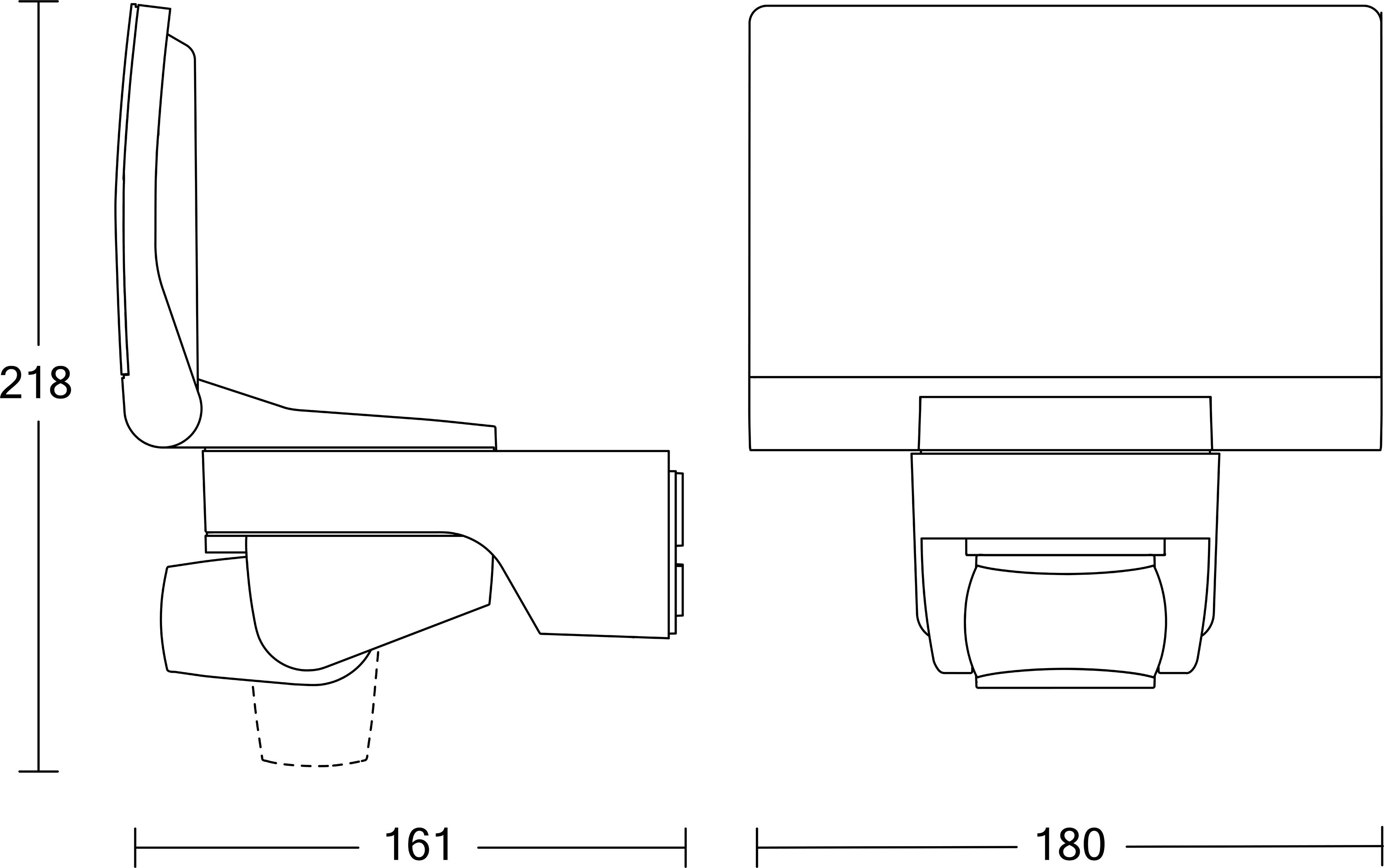 Disegno tecnico che mostra un dispositivo montato su sedile da viste laterali e frontali, con dimensioni etichettate 218 di altezza, 161 di profondità e 180 di larghezza.