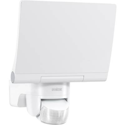 Applique da esterno a LED bianca con sensore di movimento integrato, design rettangolare, ideale per pareti esterne o illuminazione da giardino.
