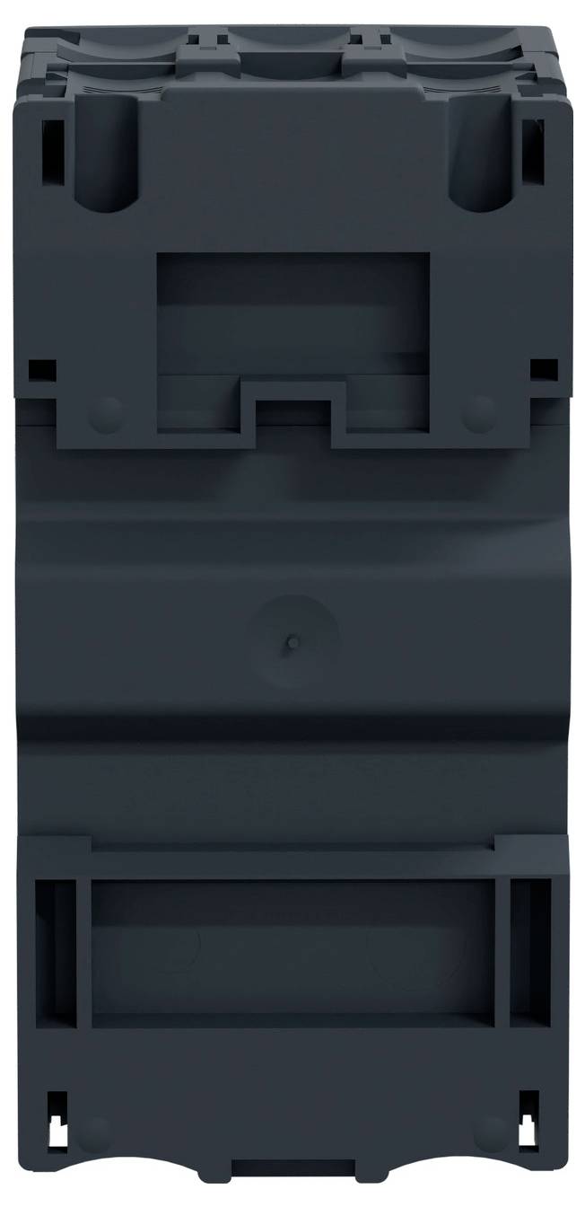 Un interruttore automatico grigio scuro rettangolare con slot e scanalature visibili sulla superficie, progettato per la connessione elettrica e la protezione.