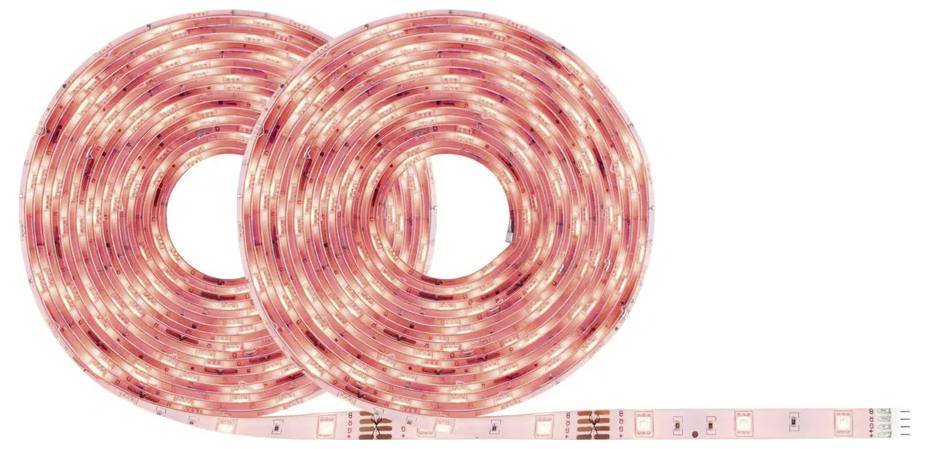 Due rulli di strisce LED rosa sono arrotolati. Una striscia aggiuntiva, dispiegata, mostra i singoli LED.
