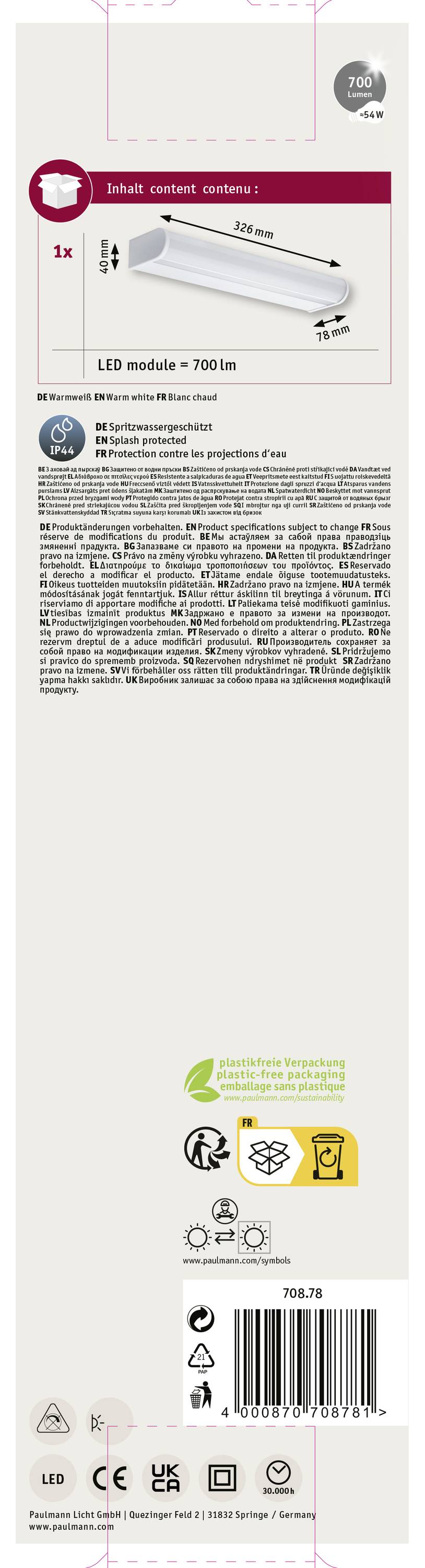 Confezione di un'illuminazione a LED, 700 lm, 10 W. Contiene un'immagine del prodotto, dettagli tecnici, indicazioni sul risparmio energetico e simboli di riciclaggio.