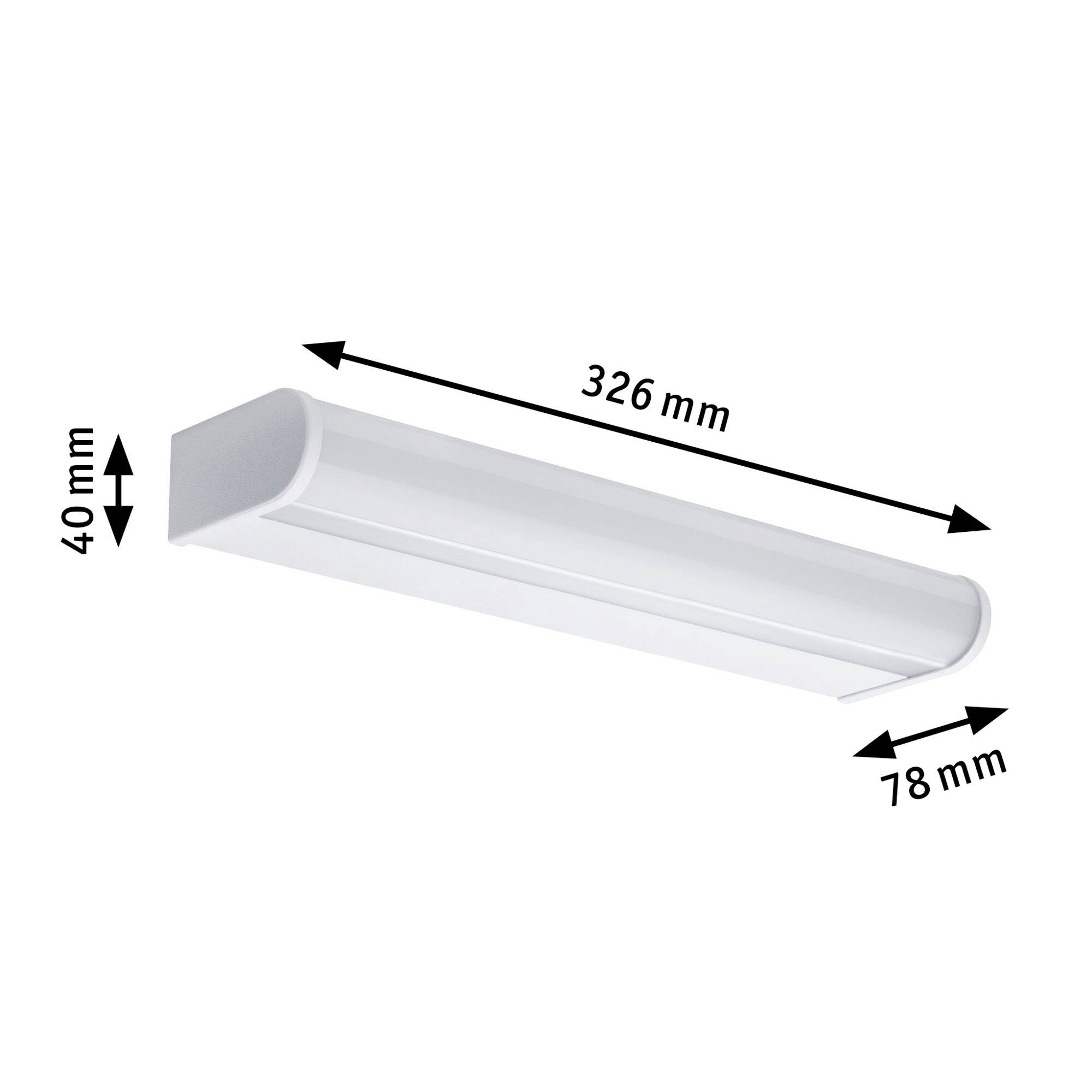 Luce bianca rettangolare con dimensioni di 326 mm di lunghezza, 78 mm di larghezza, 40 mm di altezza.