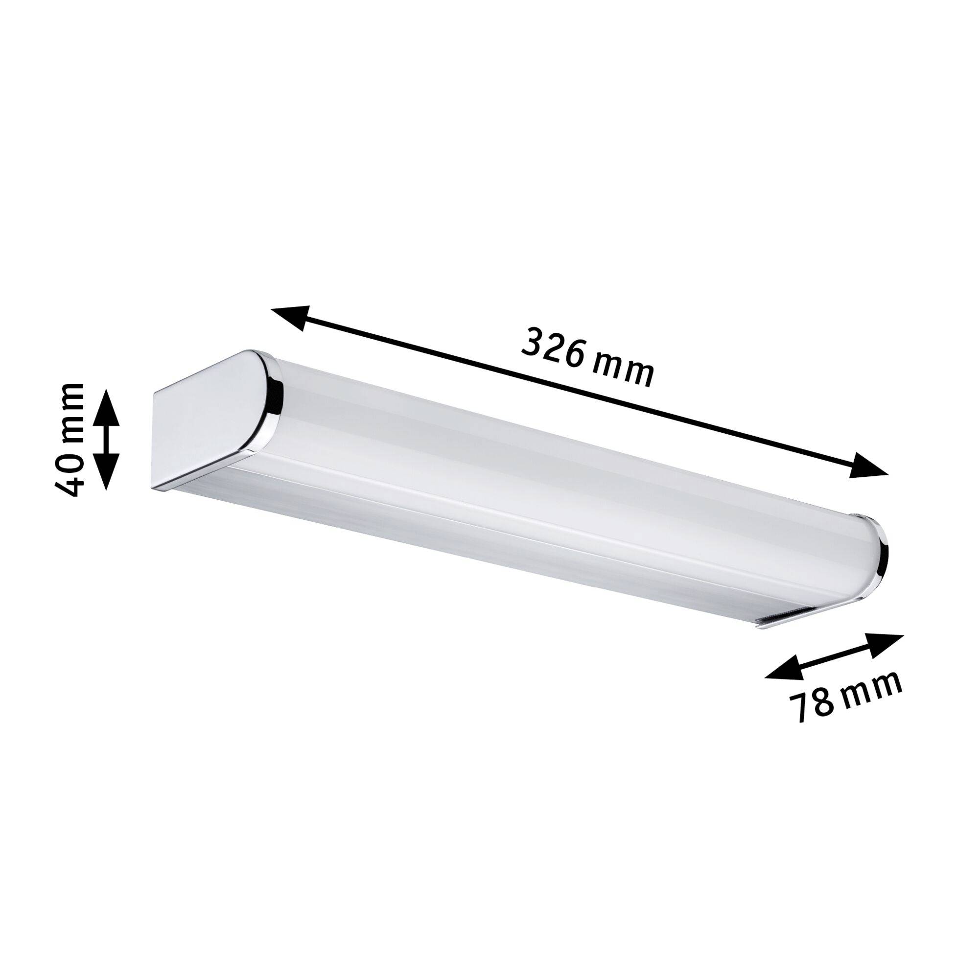 Un'illuminazione LED bianca, rettangolare con estremità arrotondate, dimensioni: larghezza 326 mm, profondità 78 mm, altezza 40 mm.