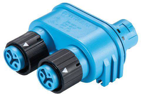 Adattatore elettrico blu con due connessioni nere, utilizzato per collegare cavi in dispositivi tecnici.