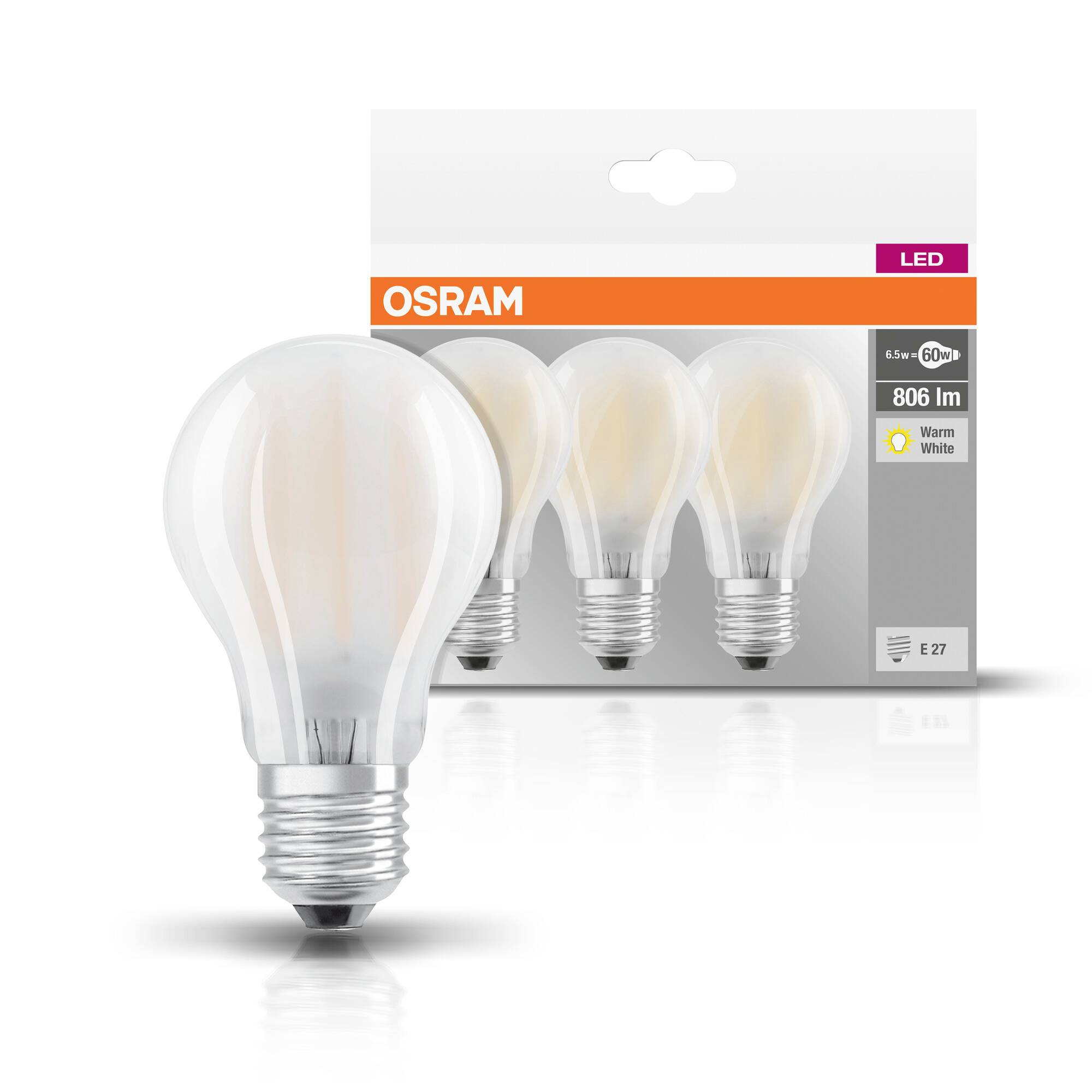 Set di lampadine OSRAM con tre lampade LED, luce calda, 806 lumen, attacco E27. Confezione che mostra i dettagli del prodotto.