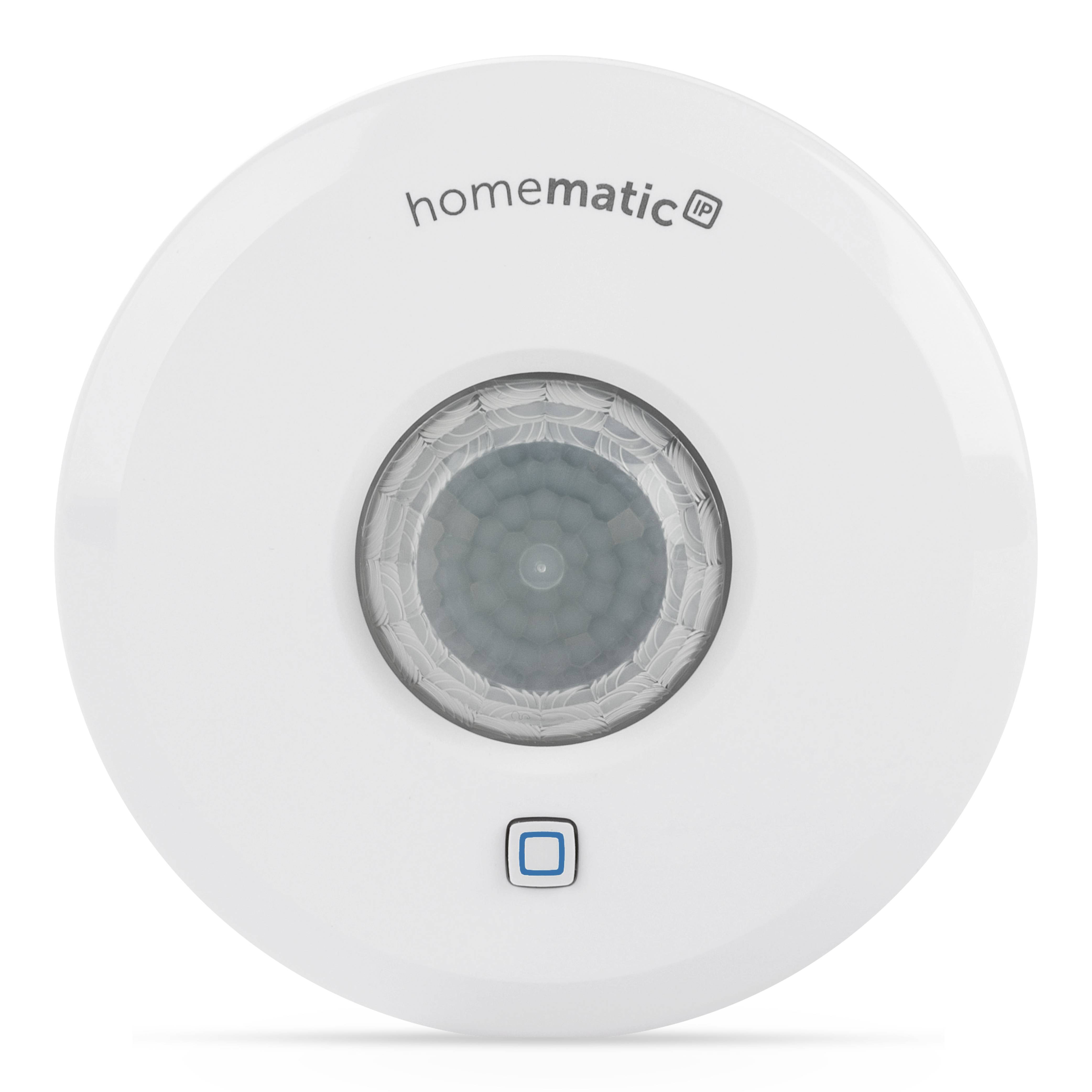 Sensore di movimento a soffitto Homematic IP bianco rotondo con lente centrale e piccolo pulsante di stato quadrato sottostante.