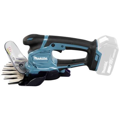 Dispositivo da giardino wireless a batteria, blu, con marchio visibile. Sviluppato per tagliare l'erba, con impugnatura ergonomica e copertura protettiva.