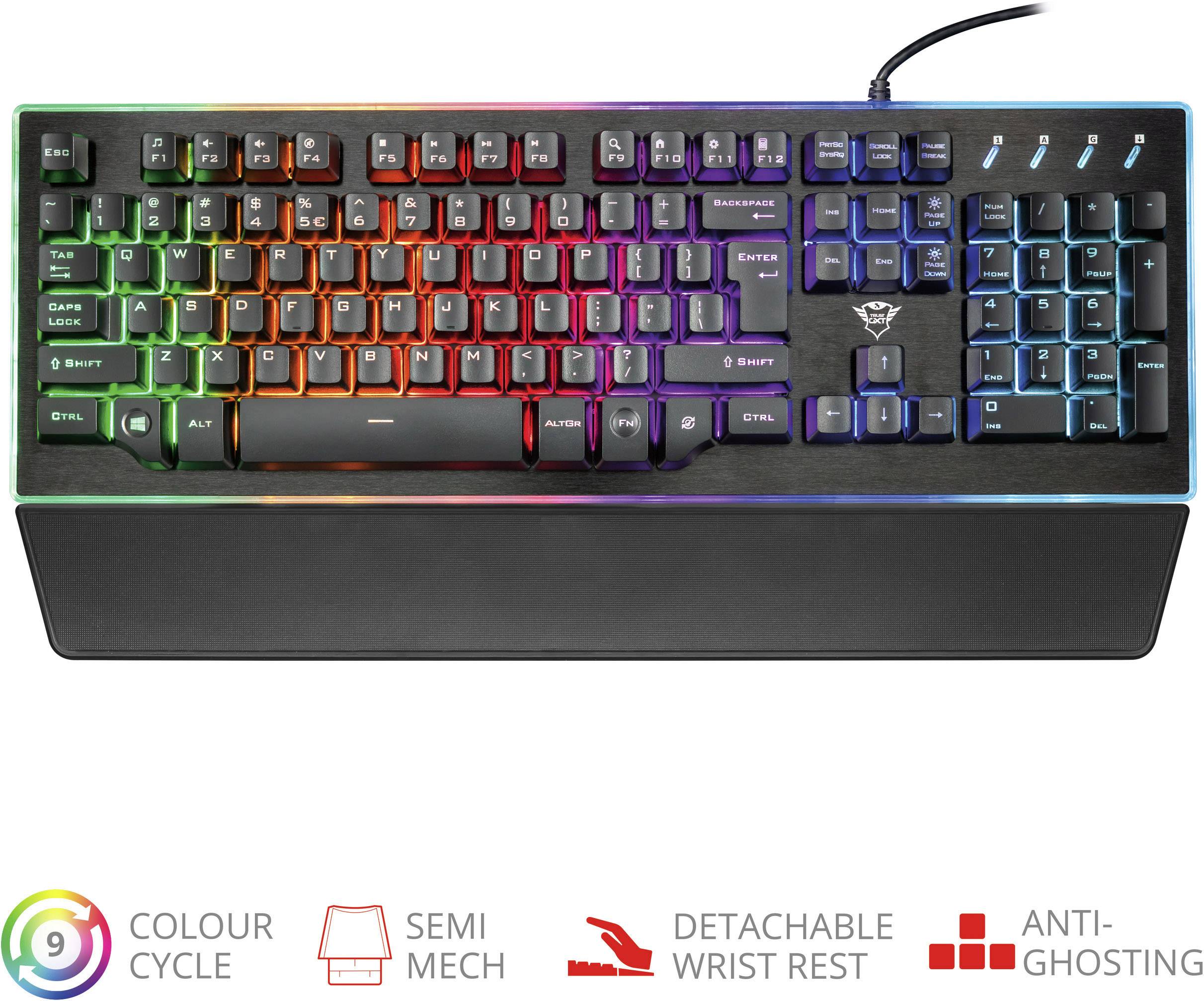 Trust GXT 860 Thura Semi-Mechanical USB Tastiera da gioco Tedesco, QWERTZ Nero Illuminato, Appoggio