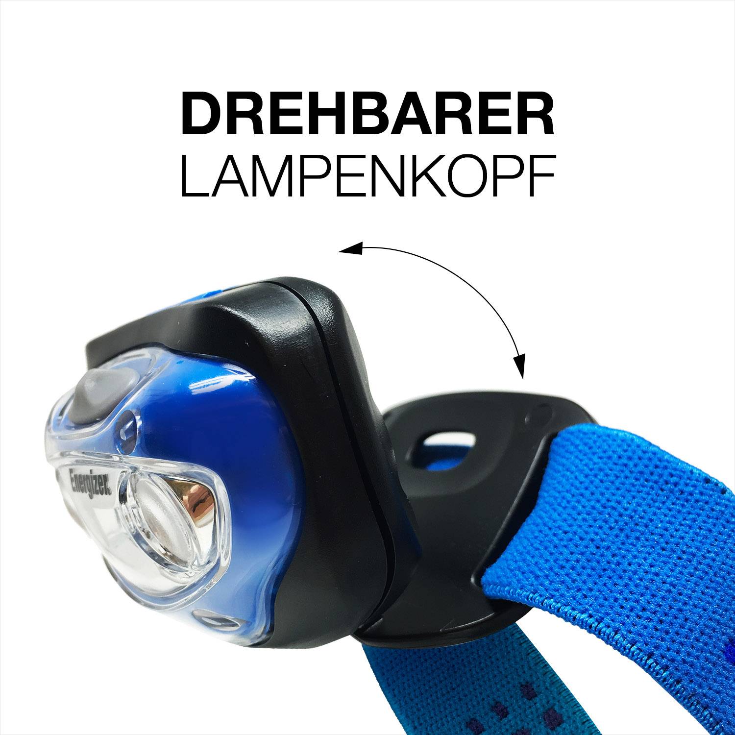 Lampada frontale portatile con testa della lampada ruotabile e fascia blu, mostrata con una freccia che indica la direzione del movimento.